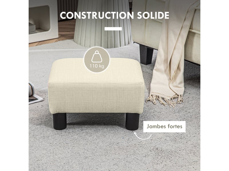  Pouf repose-pied tabouret bas en tissu de lin capacité de charge 110 kg beige 40 x 30 x 24 cm  - Conforama E