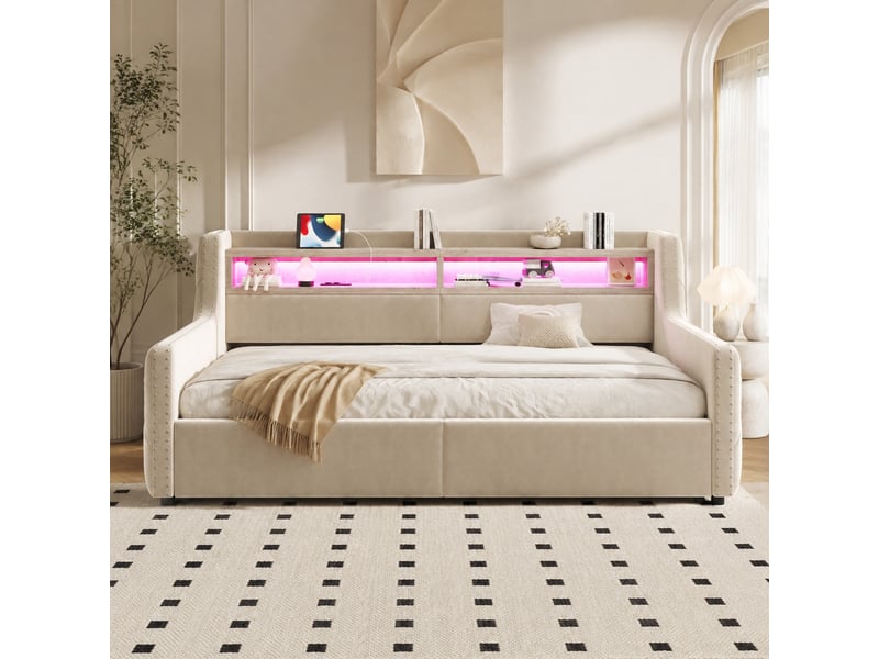  Canapé-lit 90x200 cm avec rangement hydraulique, led et ports de charge beige  - Conforama D