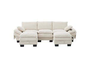 Canapé modulable 3 places modenvie en velours côtelé beige avec 2 poufs, usb-c, poches latérales et rangement