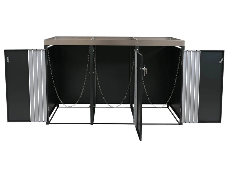  Cache poubelles triple avec jardinière intégrée 125x196x84 cm acier galvanisé inox anthracite 04_0009316  - Conforama E