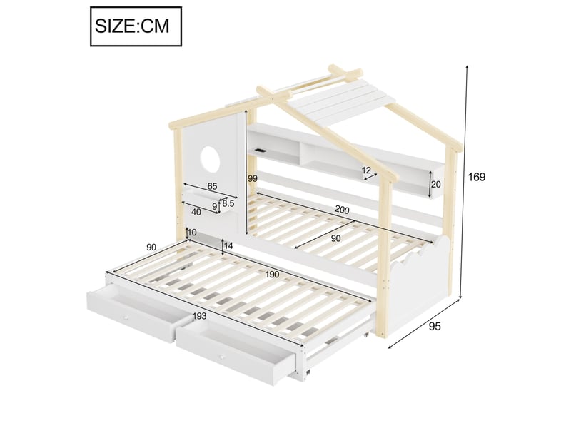  Lit enfant 90x200 cm - lit gigogne 90x200 cm - led rgb connectée et prises usb - 2 tiroirs - naturel  - Conforama C