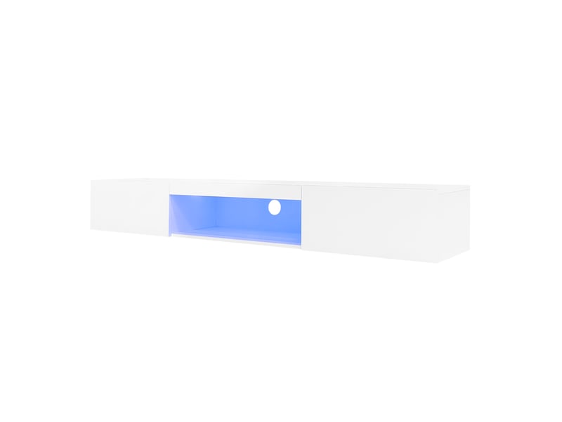  Meuble tv mural blanc haute brillance avec led bluetooth contrôlée par application 160x31x22 cm pour tv 70 pouces, rangement moderne  - Conforama E
