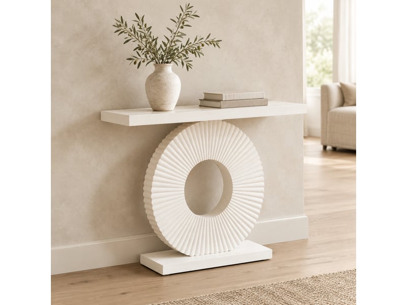  Table console 100 x 30 x 79 cm blanche en mdf et métal, structure géométrique pour entrée et salon  - Conforama B