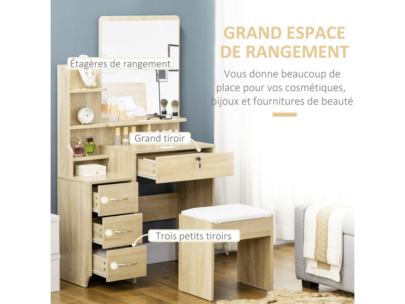  Ensemble de coiffeuse table de maquillage avec tabouret rembourré grand miroir + plusieurs étagères ouvertes + 4 tiroirs bois naturel  - Conforama E