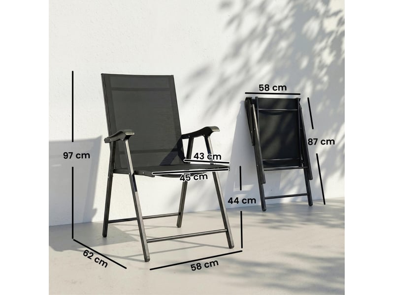 Lot de 2 chaises de jardin pliantes en métal noir avec dossier haut et accoudoirs, en tissu texteline  - Conforama C