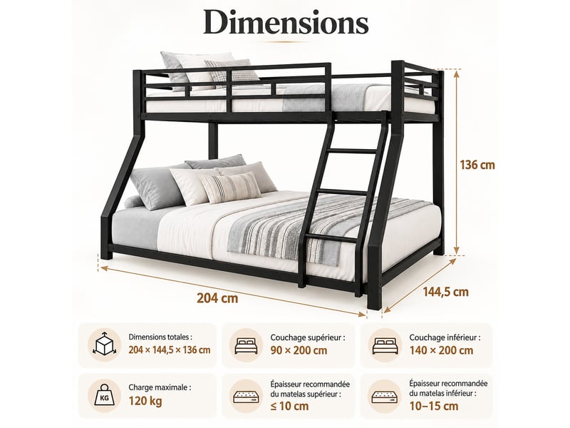  Lit superposé enfant 90140 × 200 cm en métal avec échelle et barrières de sécurité, conforme en 747, sans matelas, noir  - Conforama C
