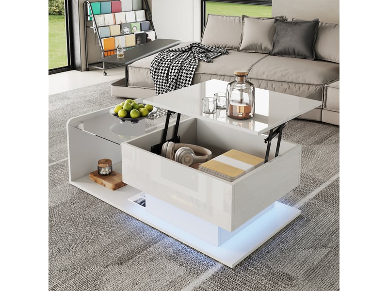  Table basse relevable 100x50x33-47,5 cm avec plateau en verre trempé, finition laquée uv brillante, panneau de particules, blanc  - Conforama R