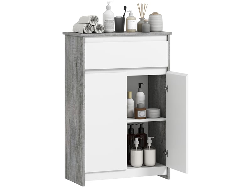  Meuble salle de bain gris et blanc avec tiroir et deux portes, 60 x 30 x 90 cm  - Conforama A