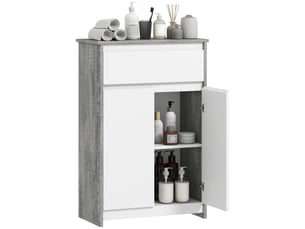 Meuble salle de bain gris et blanc avec tiroir et deux portes, 60 x 30 x 90 cm