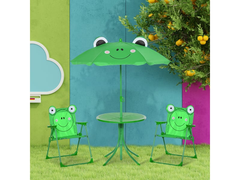  Ensemble salon de jardin enfant 4 pcs design grenouille - table ronde + 2 chaises pliables + parasol - métal époxy oxford vert  - Conforama C