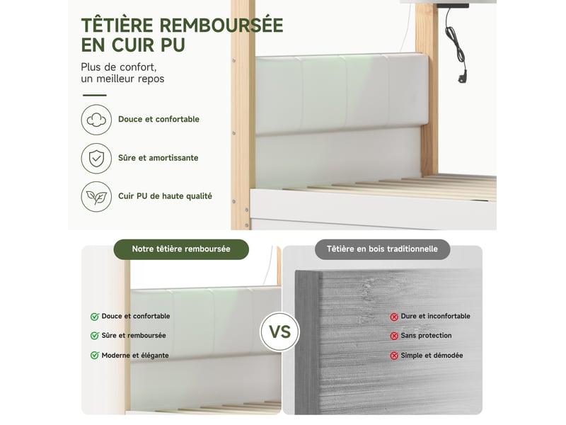  Lit superposé 90 x 200 cm, lit enfant à deux couchages, rangement hydraulique, étagères ouvertes, éclairage led, connectique usb, bois massif, blanc Morn Vibe - Conforama E