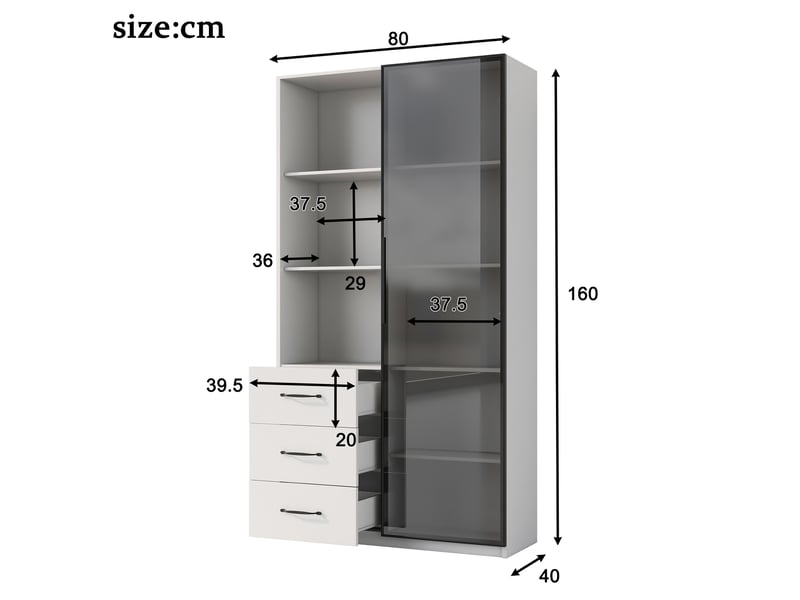  Vitrine led blanche 80x40x160 cm, bibliothèque avec porte en verre trempé, 3 tiroirs et étagères, cadre aluminium pour salon.  - Conforama C