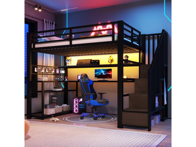  Lit mezzanine 1 place 90×200 cm avec bureau, armoire et led - okmyhome- noir, sans matelas, métal et mdf  - Conforama B