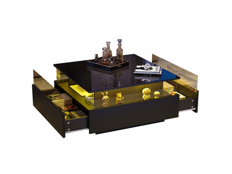  Table basse avec lumières led, 2 tiroirs de rangement, table de salon carrée, noire brillant  - Conforama A