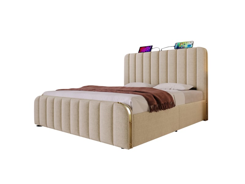  Lit coffre 140 x 200 cm beige en lin avec matelas, ports usb et type-c  - Conforama A