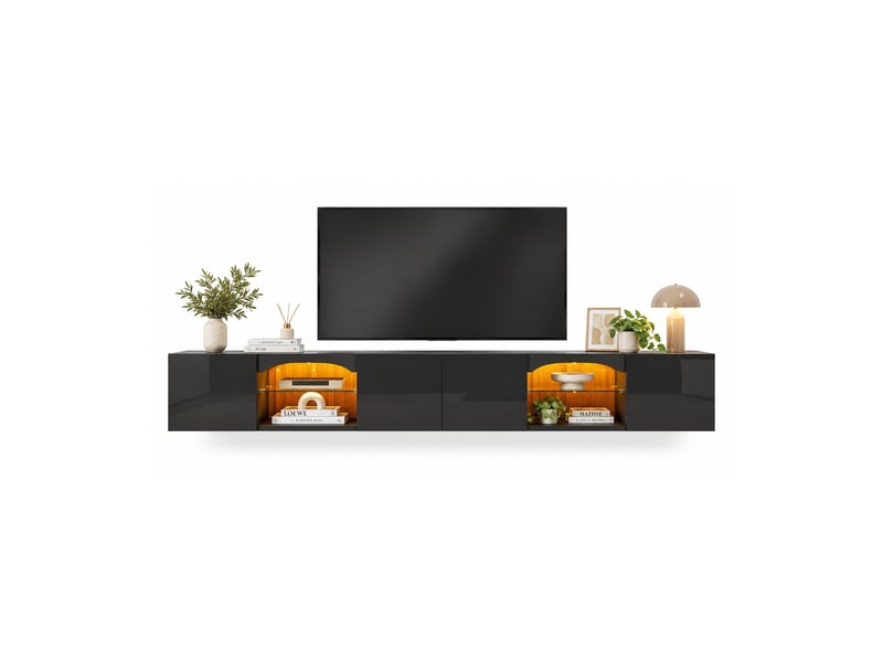  Meuble tv 200x30x28 cm avec led app, 4 portes, 2 niches, étagères en verre, finition brillante, noir  - Conforama A