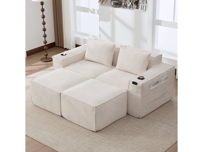  Canapé modulaire 2 places avec 2 poufs et porte-gobelets - lpospi - poches latérales, velours côtelé beige  - Conforama C