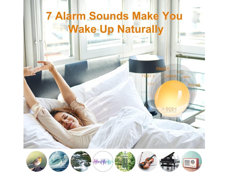  Réveil simulateur de lever de soleil avec 7 sonneries naturelles, radio fm, réglage de la luminosité et fonction snooze  - Conforama C