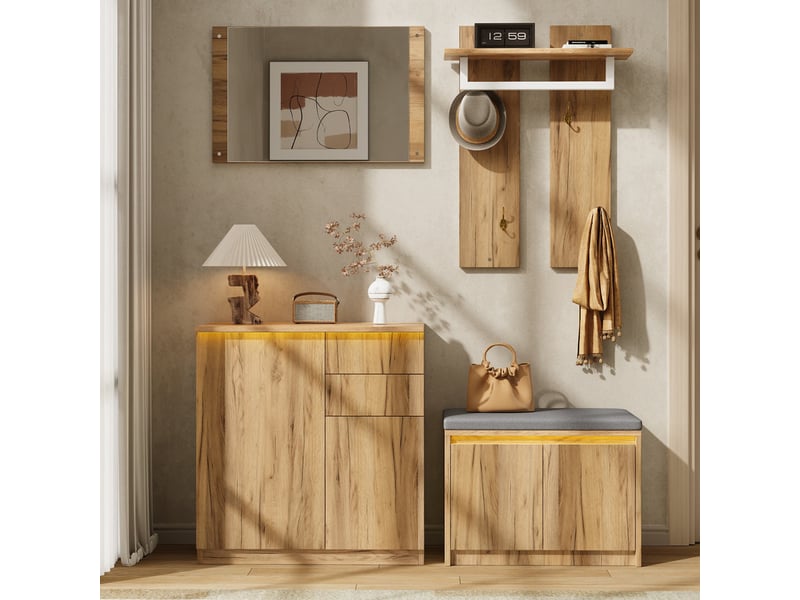  Meuble à chaussures, combinaison de couloir pratique avec miroir, barre, patères, armoire et banc à chaussures, led intégrée, 130x35x124,5 cm, teinte naturelle  - Conforama D