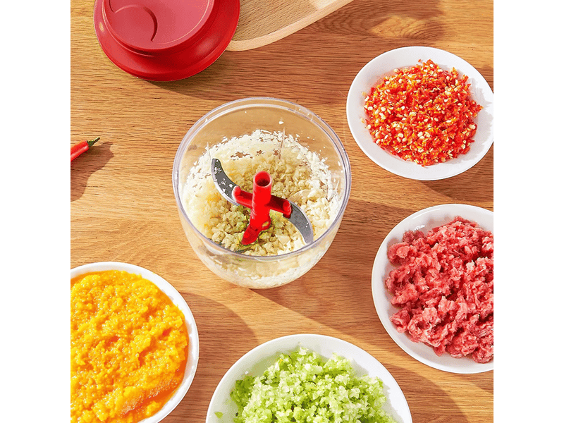  Mini hachoir manuel de 500 ml, coupe-oignon manuel, mélangeur à cordes avec 3 lames en acier inoxydable pour légumes, viandes, noix et salade (rouge) - red  - Conforama B