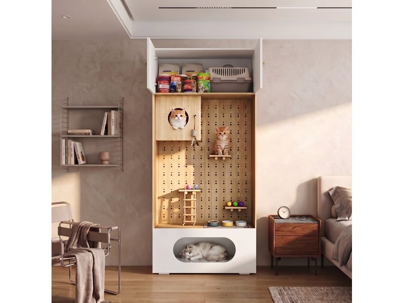  Armoire félin multifonction 90x50x202 cm blanc et effet bois avec rangement  - Conforama E