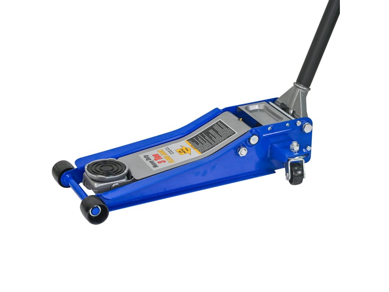  Cric hydraulique roulant 3 tonnes 67 x 33 cm bleu et argent, acier et aluminium, double pompe, profil bas  - Conforama D