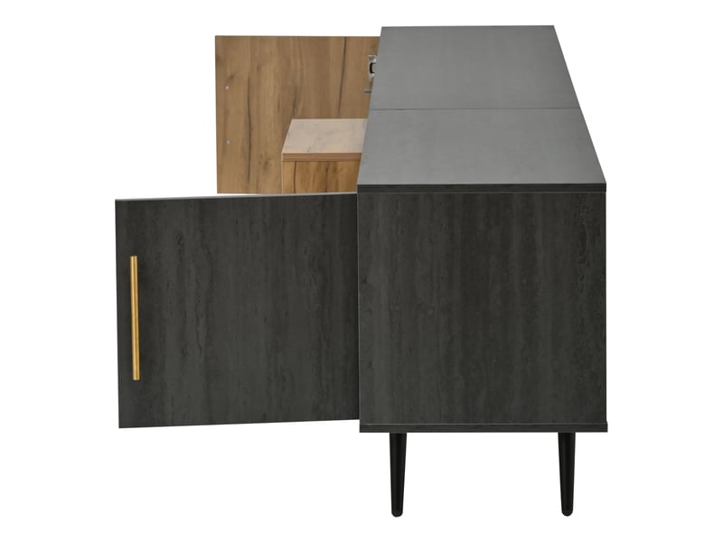  Meuble tv 200x40x55,5 cm pour tv 90, 3 portes latérales et niche centrale en verre rabattable, mdf, gris et marron  - Conforama E