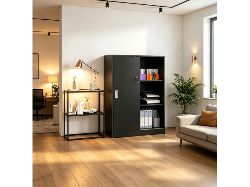  Armoire de classement 80 x 40 x 120 cm noire, panneaux mdf, portes coulissantes verrouillables pour le bureau  - Conforama E