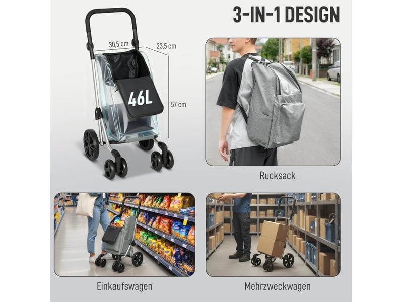  Chariot de courses pliable 58 x 44 x 100 cm – gris – sac isotherme 46 l, 6 roues, poignée réglable  - Conforama D