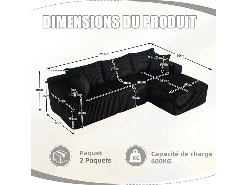  Canapé modulaire avec méridienne en velours côtelé 257 x 160 x 62 cm - 5 coussins et rangements  - Conforama C
