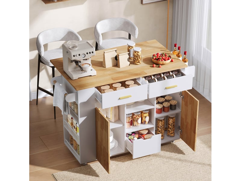  Desserte de cuisine avec plateau rabattable, 3 tiroirs et étagères, roulettes freinées pour cuisine, 120 × 45(71) × 90 cm  - Conforama C