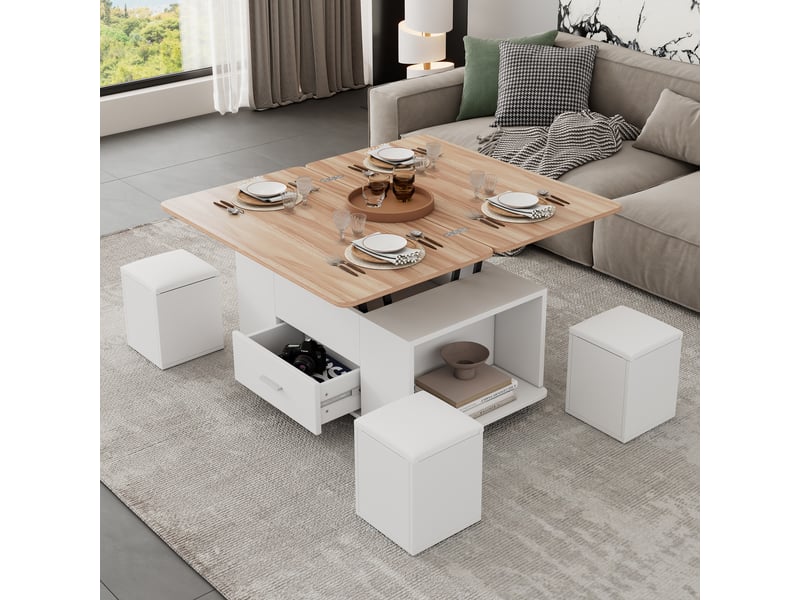  Table basse relevable convertible en table à manger, 4 tabourets intégrés, 100 x 100 cm  - Conforama E