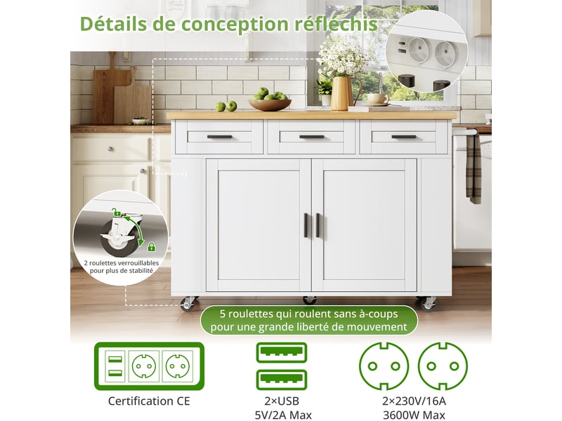  Desserte de cuisine à plateau rabattable, 3 tiroirs et prises 120×45(70)×84 cm blanc naturel  - Conforama C