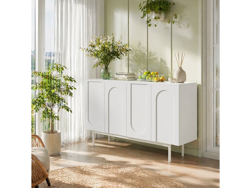  Buffet 4 portes à motifs arqués avec étagères réglables pour salon en mdf et métal blanc  - Conforama B