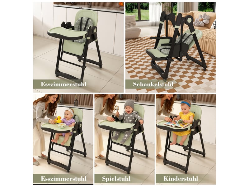 Chaise haute bébé 2-en-1,59x76x96 cm,pliable avec fonction transat,vert foncé - Conforama E