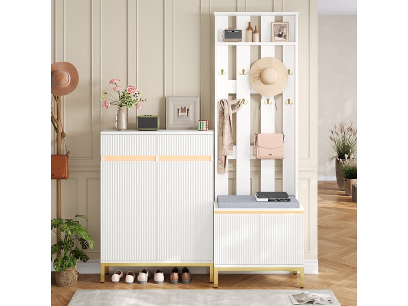  Ensemble d’entrée avec meuble à chaussures, banc, patères, rangement et led avec appli  - Conforama B
