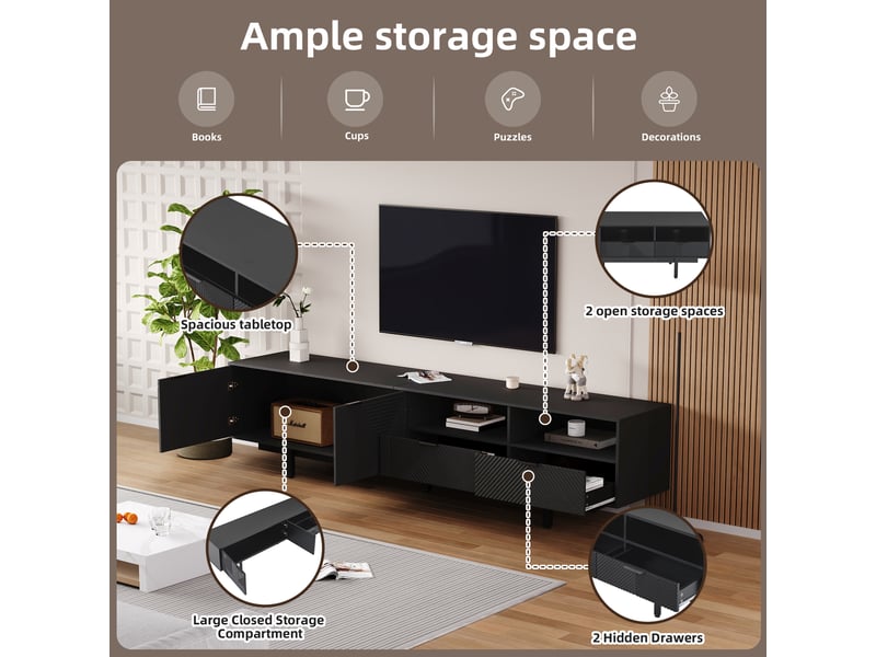 Meuble tv noir moderne - extra large - 200x40x51cm - lignes géométriques - tv jusqu'à 90 pouces - Conforama R