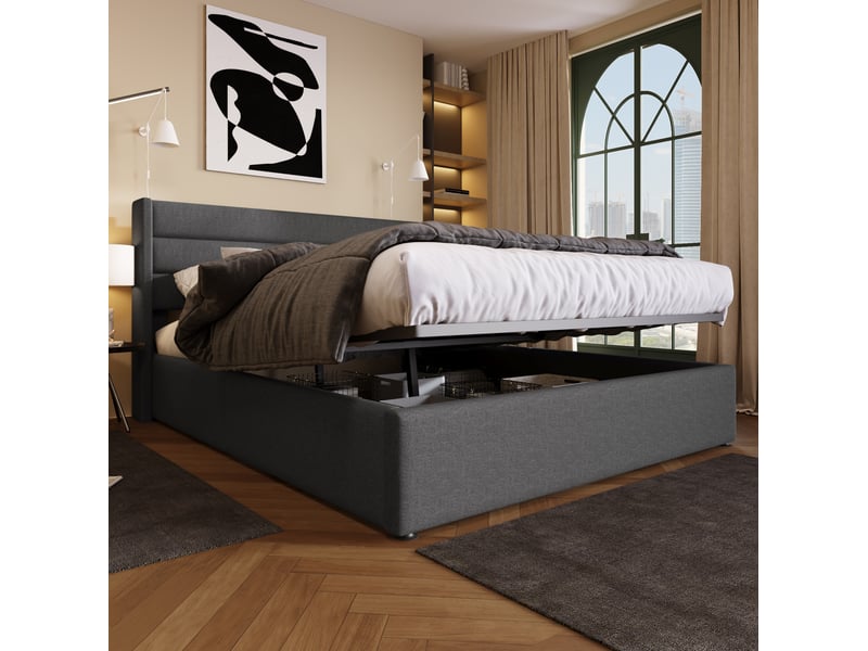  Lit coffre 180 x 200 cm gris en lin avec sommier à lattes  - Conforama D