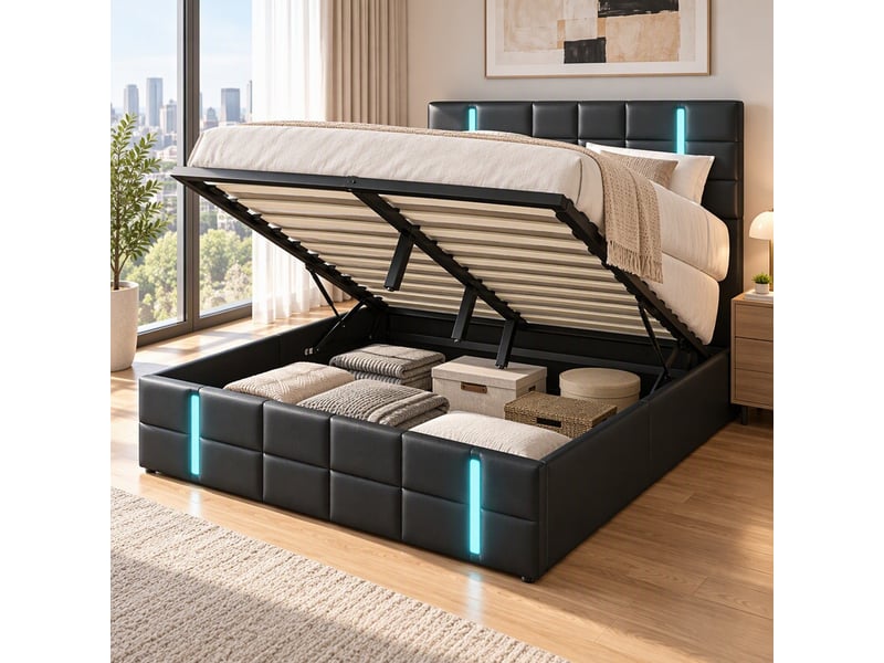  Lit coffre 2 places 140x200 cm, lit adulte avec rangement, tête de lit, ports usb, led, design simple, pu noir  - Conforama B