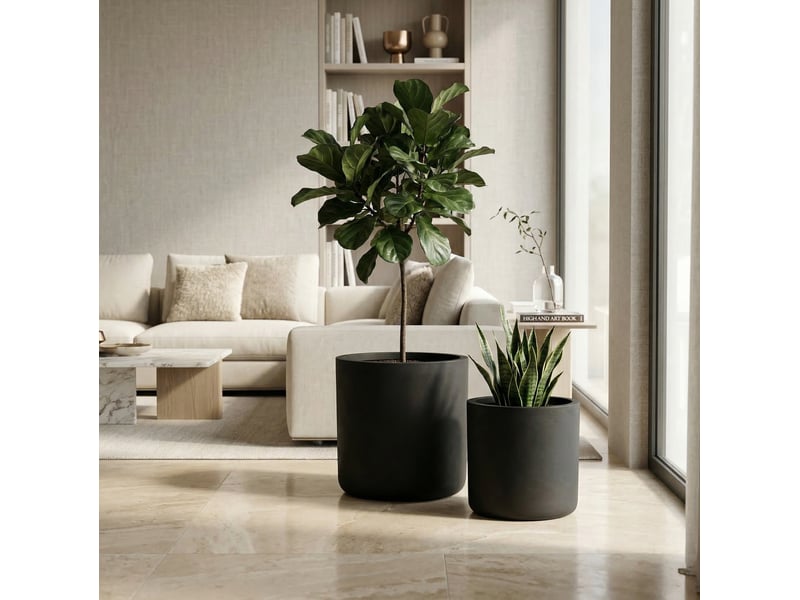  Ensemble de 2 pots de plantes ronds en béton, grands pot de fleurs extérieur intérieur faits main rustiques décoratifs avec trous de drainage pour jardin patio, 34 x 32 cm &amp; 40 x 40 cm (noir)  - Conforama B