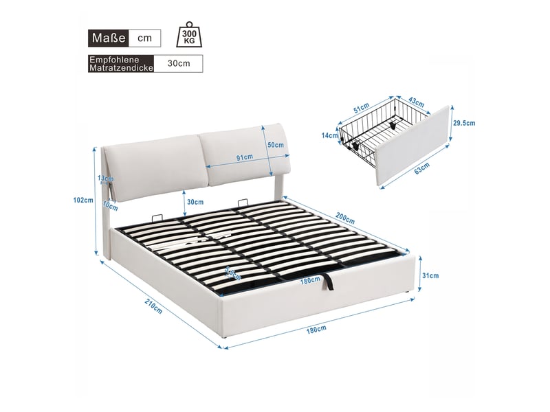 Lit coffre hydraulique 180x200 cm, 3 tiroirs, sommier à lattes, tête réglable, velours, beige sans matelas - Conforama C