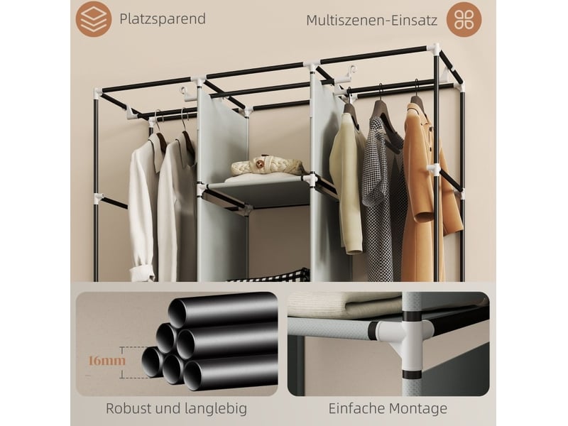  Armoire en tissu avec 2 penderies, 5 étagères et 3 tiroirs, fermeture zippée, gris clair, 125 × 43 × 162,5 cm  - Conforama E