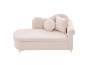 Méridienne avec coffre de rangement, dossier ondulé et coussins lombaire et cervical, en tissu bouclette rose clair, 134 cm