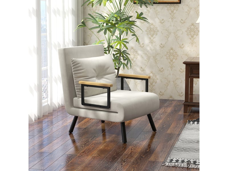  Fauteuil convertible 4 en 1 lit 1 place dossier 5 positions, accoudoirs en bois et coussin, tissu effet velours, crème  - Conforama A