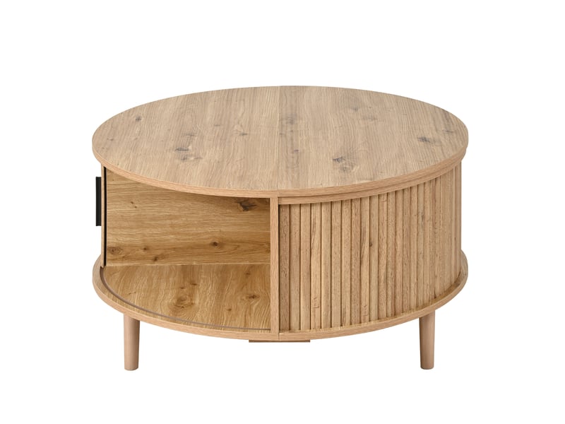 Table basse ronde relevable avec rangement et porte coulissante, mdf décor chêne - Conforama D