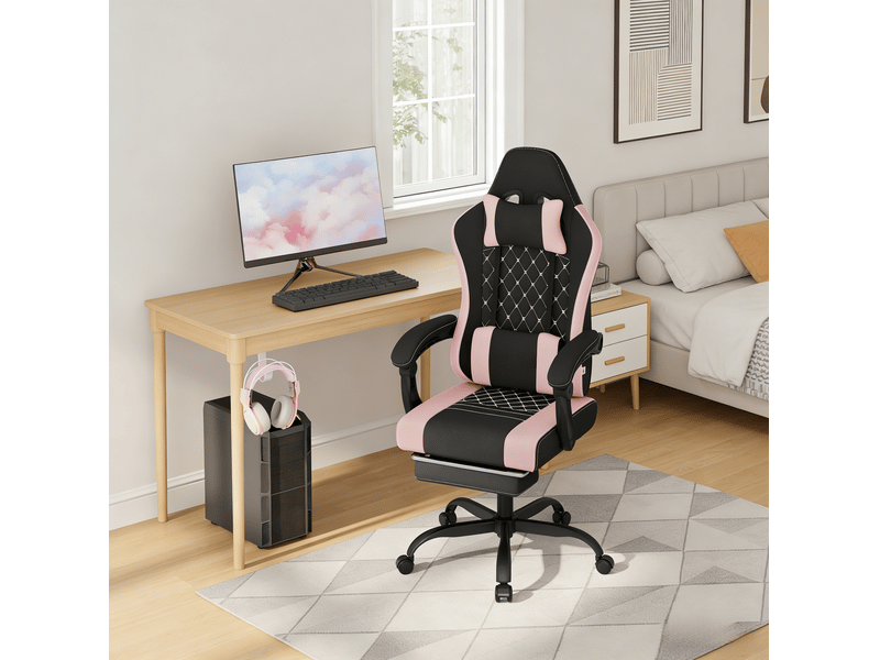 Chaise de bureau gaming avec fonction massage, dossier inclinable et appui-tête, en tissu mesh et métal noir et rose - Conforama B