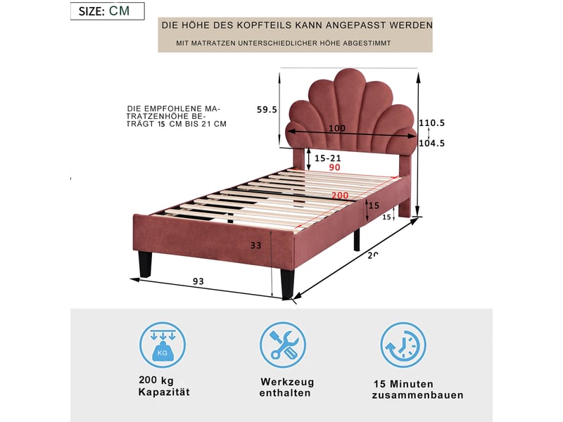  Lit rembourré en velours rouge haricot 90 x 200 cm  - Conforama C