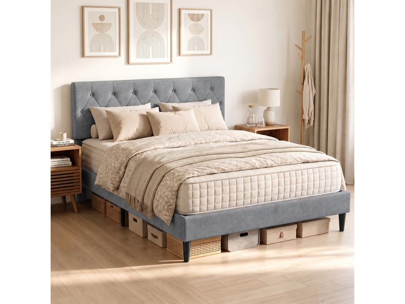  Cadre de lit 140 x 190 avec sommier, lit double capitonné en lin gris, tête rembourrée, 10 lattes  - Conforama B