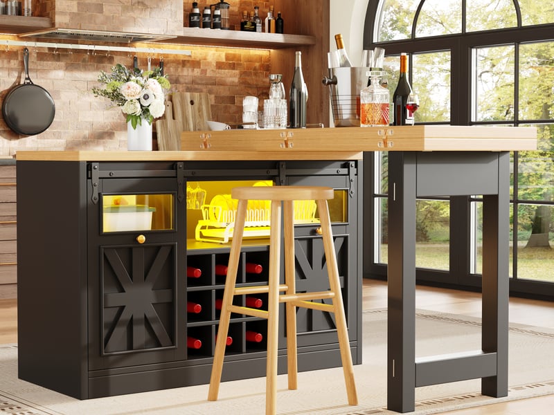  Îlot de cuisine extensible 120-197 x 40 x 72 cm, portes coulissantes vitrées et éclairage led rgb, noir, en mdf robuste  - Conforama B