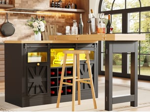 Îlot de cuisine extensible 120-197 x 40 x 72 cm, portes coulissantes vitrées et éclairage led rgb, noir, en mdf robuste